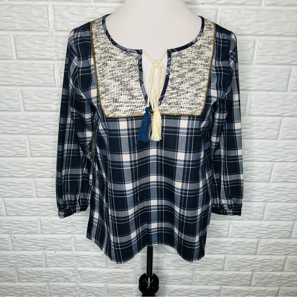 THML NWOT Plaid Boho Fall Shirt Navy Blue Size S
